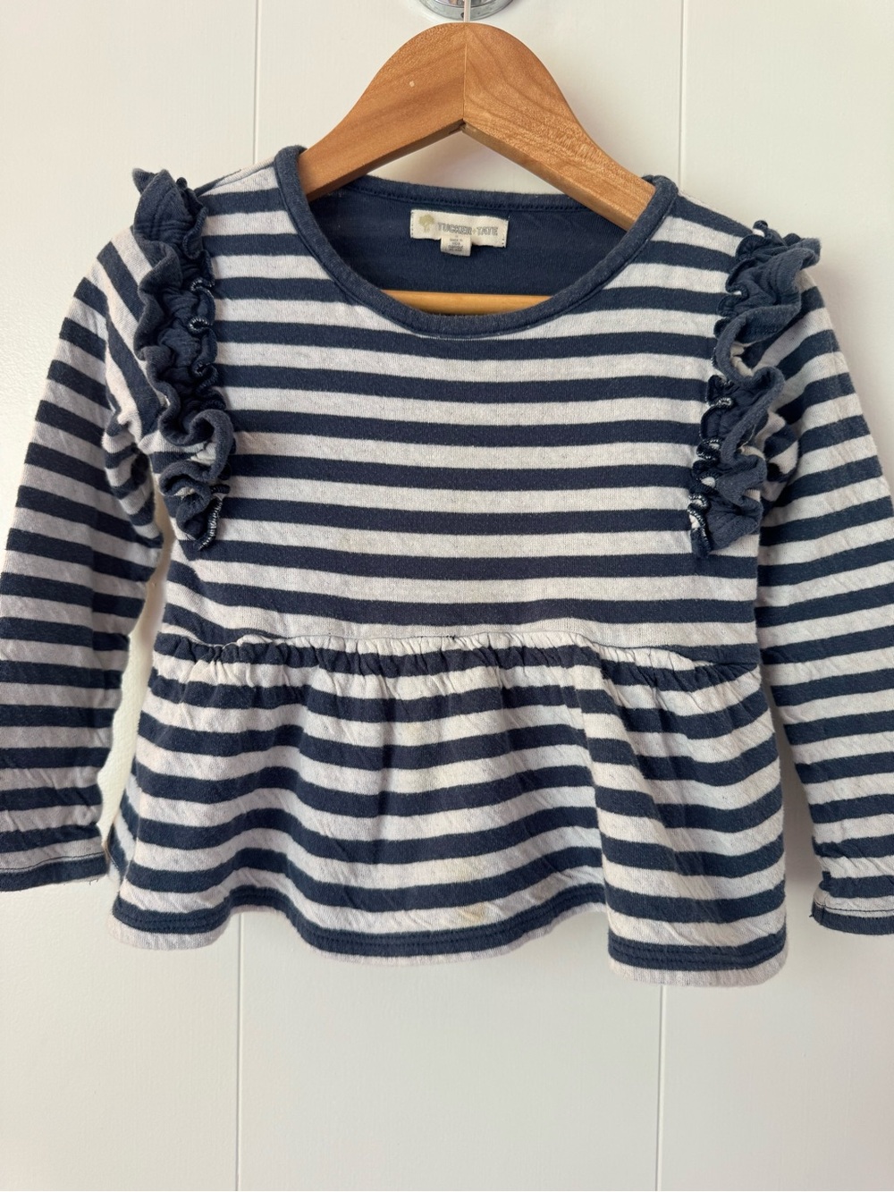 Tucker + Tate Navy and White Striped Ruffle Long-Sleeve Top